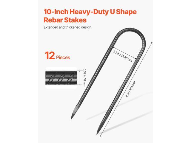 Rebar Stakes, 10-Inch, Heavy-Duty 0.32 in Diameter U Shape, Galvanized Steel Ground Anchors with Chisel Point End & Rust-Resistant Coating, for...