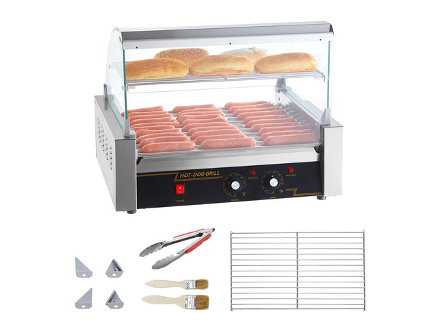 Hot Dog Roller, 11 Rollers 30 Hot Dogs Capacity, 1650W Stainless Sausage Grill Cooker Machine with Dual Temp Control Glass Hood Acrylic Cover Bun...