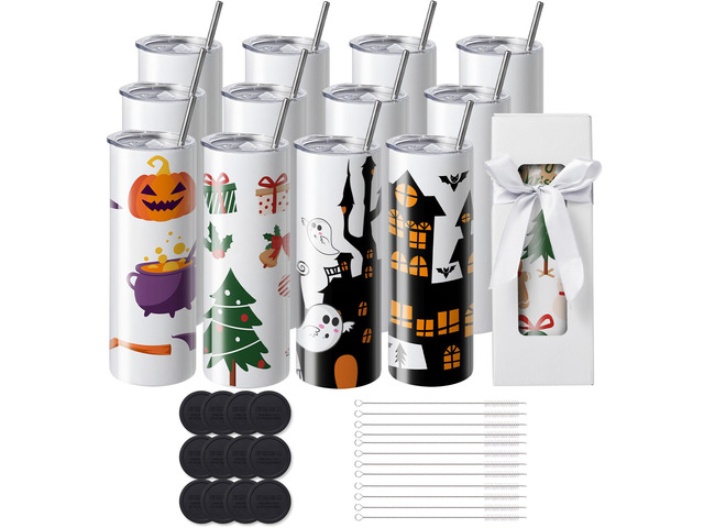 12 Pack Sublimation Tumblers 20oz Skinny Straight, Stainless Steel Sublimation Tumblers Blank, Stainless Steel Double Wall Tumbler for Heat...