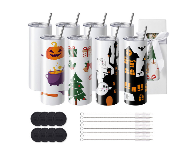 VEVOR 8 Pack Sublimation Tumblers 20 Oz Skinny Straight, Stainless Steel Sublimation Tumblers Blank, Stainless Steel Double Wall Tumbler for Heat...