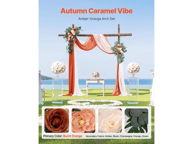 Artificial Wedding Arch Flowers Kit, Orange Wedding Arch Flowers with Drapes Kit (Pack of 4) - 2 Pcs Floral Arrangement, 2 Pcs Sheer Drapes, for...