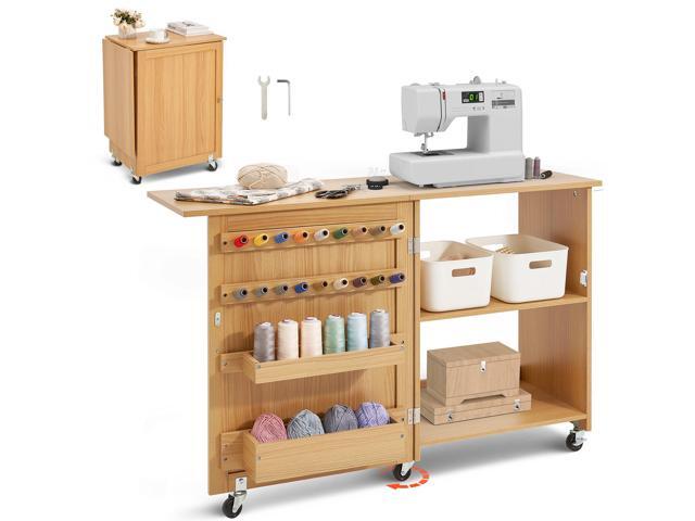Folding Sewing Table, Multipurpose Sewing Machine Table with Compact Design, Wheels, Shelves, Storage Trays, Wooden Pegs, and Magnetic Doors,...