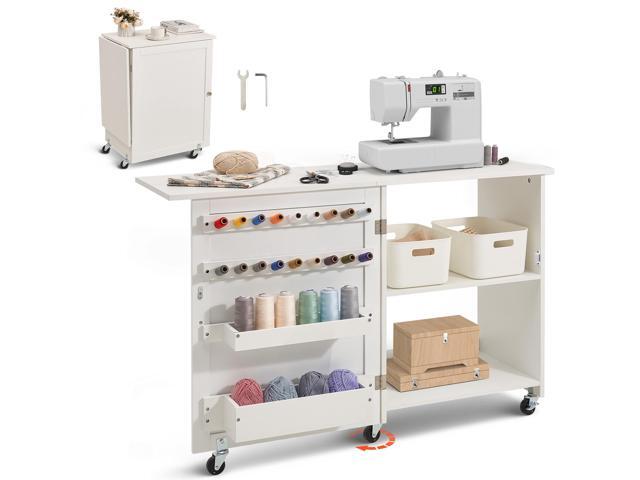 Folding Sewing Table, Multipurpose Sewing Machine Table with Compact Design, Wheels, Shelves, Storage Trays, Wooden Pegs, and Magnetic Doors,...