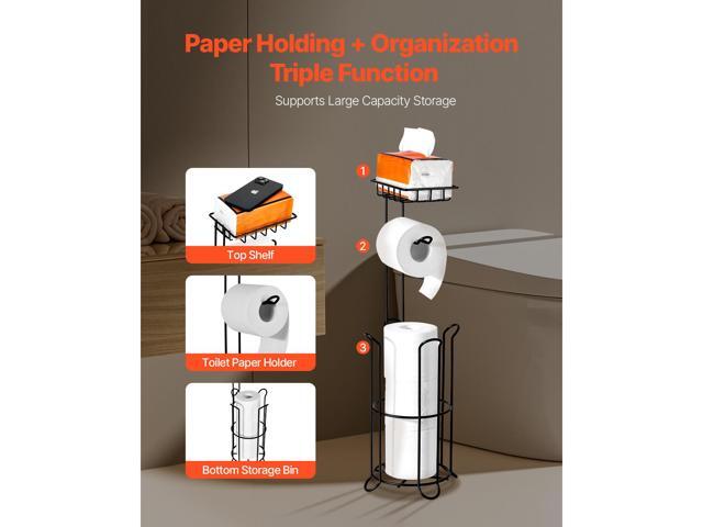 Free Standing Toilet Paper Holder with Shelf, 3-in-1 Premium Metal Material, Store Up to 4 Mega Rolls, Elevated Base Design, Tissue Roll Storage...