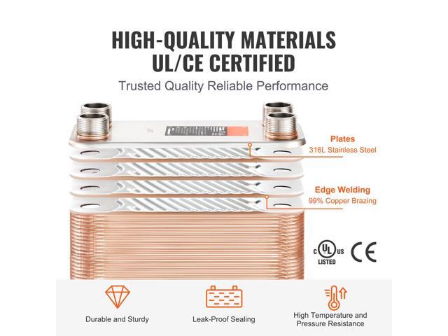Heat Exchanger, 5'x 12' 50 Plates Brazed Plate Heat Exchanger, Copper/316L Stainless Steel Water To Water Heat Exchanger For Floor Heating, Water...