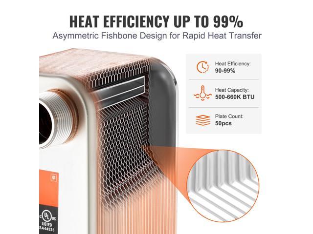 Heat Exchanger, 5'x 12' 50 Plates Brazed Plate Heat Exchanger, Copper/316L Stainless Steel Water To Water Heat Exchanger For Floor Heating, Water...