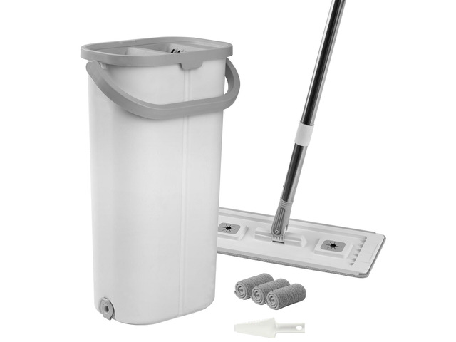 Mop and Bucket with Wringer Set, Wet & Dry Use, Flat Mop and Bucket System with 3 Washable Microfiber Pads, Flat Mop with Stainless Steel Handle,...