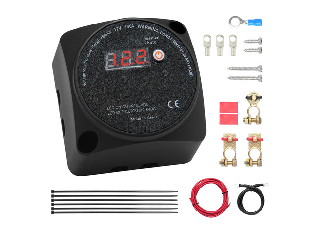 Dual Battery Isolator Kit, 12V 140Amp, Manual and Auto Modes VSR Voltage Sensitive Relay with LCD Screen, Smart Battery Isolator for ATV UTV RV...