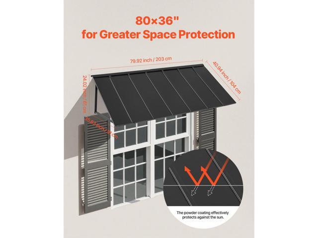 Fixed Metal Awning 80 x 36 in, Window Awning Door Canopy, Stable Triangle Steel Frame Exterior Awnings Rain, and Snow Sunlight Protection for Door...