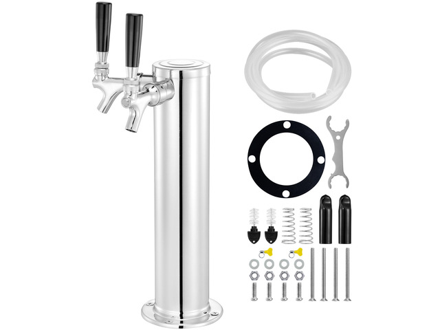 Dual Taps Draft Beer Tower Dispenser, Stainless Steel Keg Beer Tower, Kegerator Tower Kit with Pre-Assembled Tubing and Self-Closing Faucet Shanks...