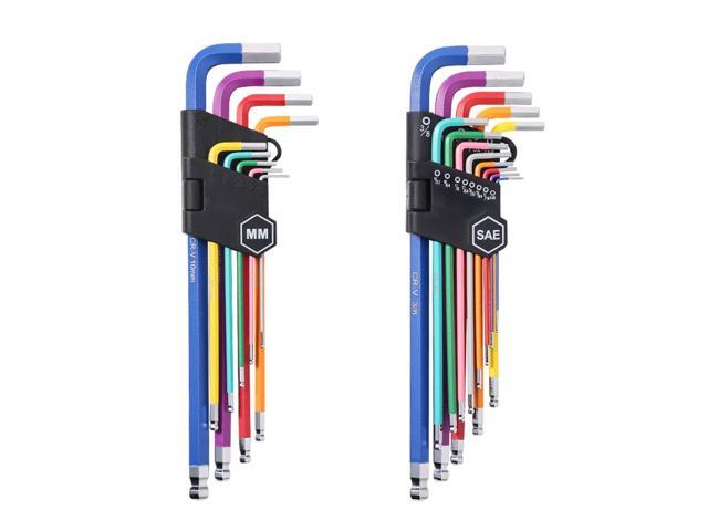 Hex Key Allen Wrench Set, 22 pcs SAE (0.050-3/8 in) and Metric (1.5-10 mm), Color Coding Allen Wrenches Sets with Ball End, Long Arm L-Shaped Hex...