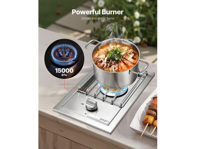 Single Grilling Side Burner, 15,000BTU Liquid Propane Side Burner for Outdoor Kitchen, Convertible to Natural Gas, 304 Stainless Steel Built-in...