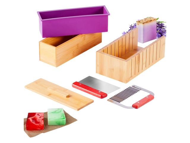 Soap Making Kit, Bamboo Cutting Box and Inner Box with Silicone Mold, Stainless Steel Straight Cutter and Wavy Cutter, 100 Bags and 105 Stickers,...