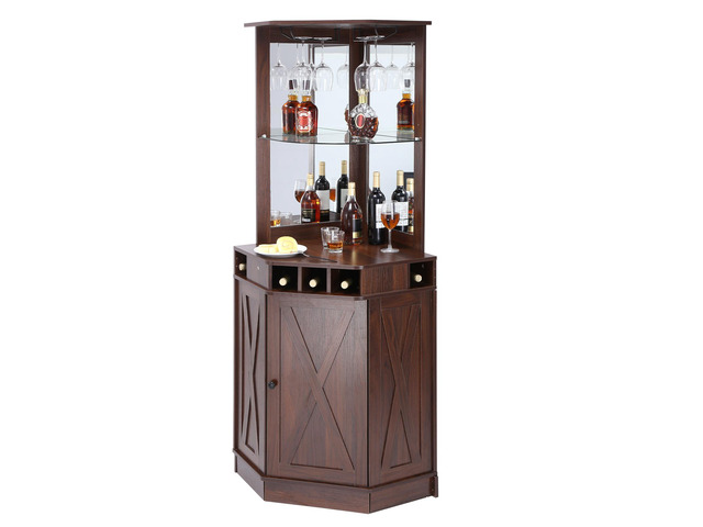 Corner Industrial Bar Cabinet, Wine Table for Liquor & Glasses, Sideboard Buffet Cabinet with Glass Holder, Freestanding Farmhouse Wood Coffee Bar...