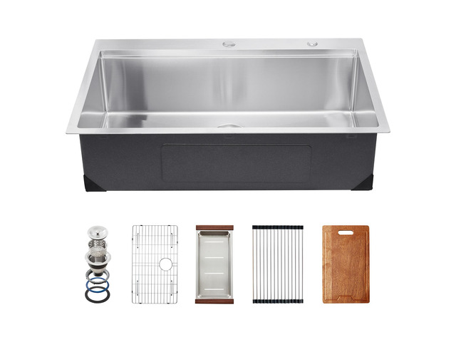 33 inch Kitchen Sink Workstation, 304 Stainless Steel Top Mount Sinks, Drop-In Single Bowl Farmhouse Basin with Ledge & Multiple Accessories,...