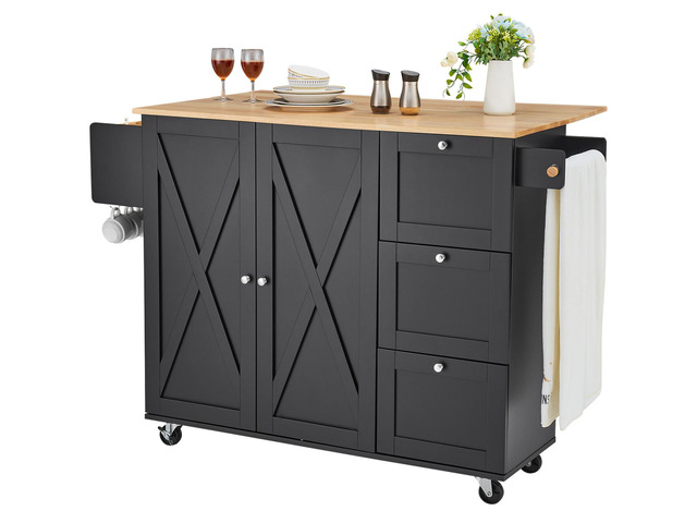 Kitchen Island Cart, 56' Wood Top Mobile Carts with Storage Cabinet, Rolling Table with Drop Leaf, Spice Rack, Towel Bar, Adjustable Shelf, Drawer,...
