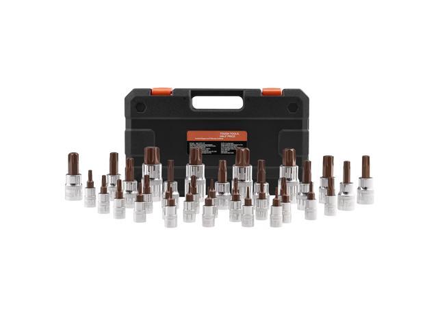 Torx Bit Socket Set, 34-Piece Solid Star and Tamper Proof T6-T70, S2 Alloy Steel and Cr-V Steel, 1/4 in, 3/8 in, and 1/2 in Drives, with Enhanced...