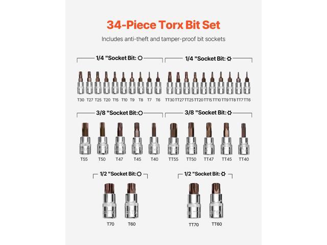 Torx Bit Socket Set, 34-Piece Solid Star and Tamper Proof T6-T70, S2 Alloy Steel and Cr-V Steel, 1/4 in, 3/8 in, and 1/2 in Drives, with Enhanced...