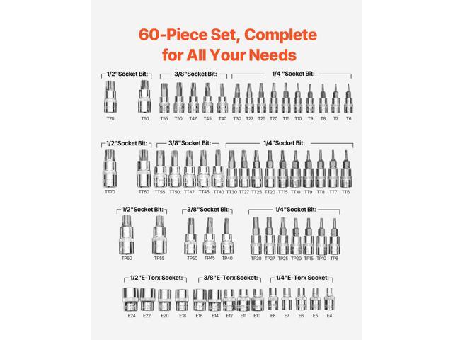 Torx Bit Socket and External Torx Socket Set, 60-Piece T6-T70, TT6-TT70, TP8-TP60, E4-E24, S2 Alloy Steel and Cr-V Steel, 1/4 in, 3/8 in, and 1/2...
