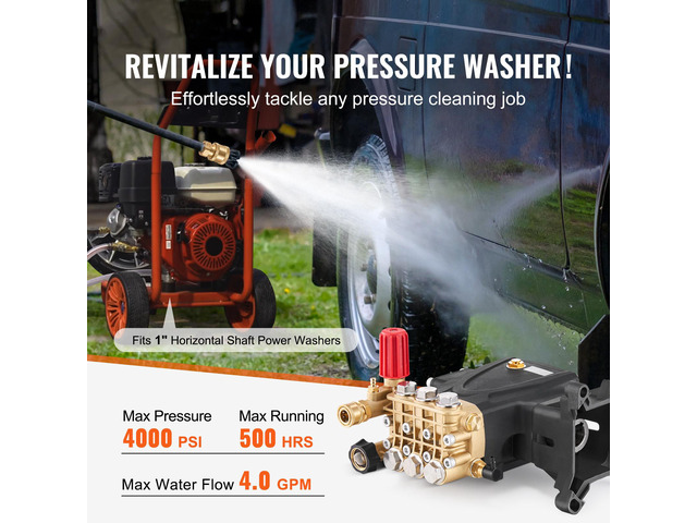Pressure Washer Pump, 1' Shaft Horizontal Triplex Plunger, 4000 PSI, 4.0GPM, Replacement Power Washer Pumps Kit with Hardware, Compatible with...