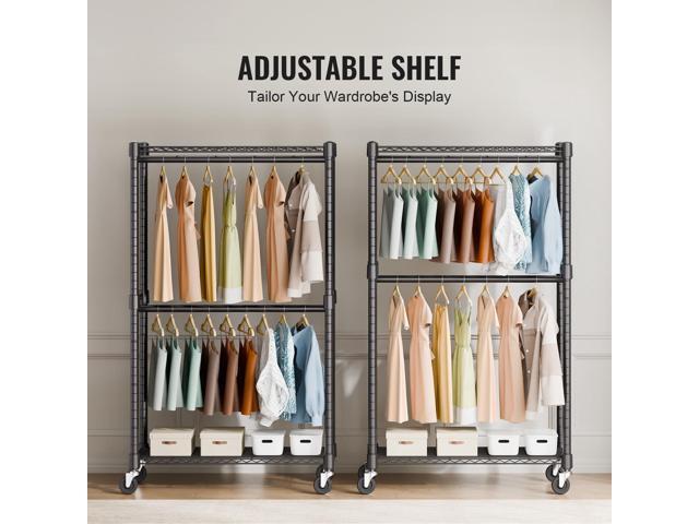 Heavy Duty Clothes Rack, Double Hanging Rods Clothing Garment Rack with Bottom and Top Storage Tier, Rolling Clothing Rack for Hanging Clothes, 1''...