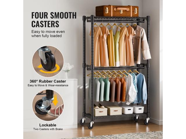 Heavy Duty Clothes Rack, Double Hanging Rods Clothing Garment Rack with Bottom and Top Storage Tier, Rolling Clothing Rack for Hanging Clothes, 1''...