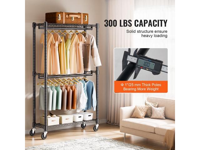Heavy Duty Clothes Rack, Double Hanging Rods Clothing Garment Rack with Bottom and Top Storage Tier, Rolling Clothing Rack for Hanging Clothes, 1''...