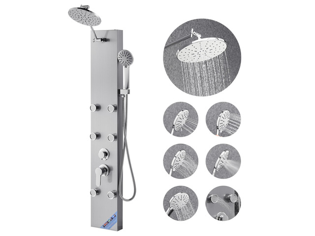 Shower Panel Tower System with Rainfall Shower Head, 49 in Brushed Stainless Steel Shower Column, 3-Function Faucet, High Pressure Wall-Mount Rain...