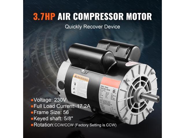 3.7HP Air Compressor Motor, 3450RPM Electric Motor, 230V 17.2 Amps, 5/8' Keyed Shaft 56 Frame, 1.88' Shaft Length, Single Phase, CCW/CW Rotation...