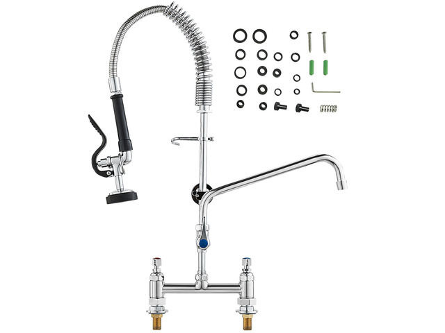 Commercial Faucet with Pre-Rinse Sprayer, 26' Height, 8' Center, 12' Swing Spout, Deck Mount Kitchen Sink Faucet, Brass Constructed Device with...