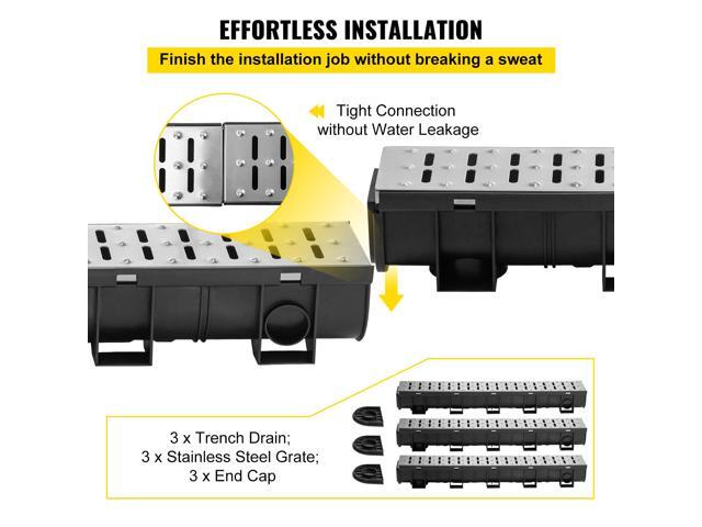 Trench Drain System, Channel Drain with Metal Grate, 5.9x5.1-Inch HDPE Drainage Trench, Black Plastic Garage Floor Drain, 3x39 Trench Drain Grate,...