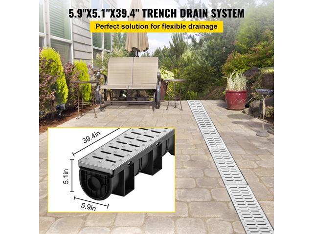 Trench Drain System, Channel Drain with Metal Grate, 5.9x5.1-Inch HDPE Drainage Trench, Black Plastic Garage Floor Drain, 3x39 Trench Drain Grate,...