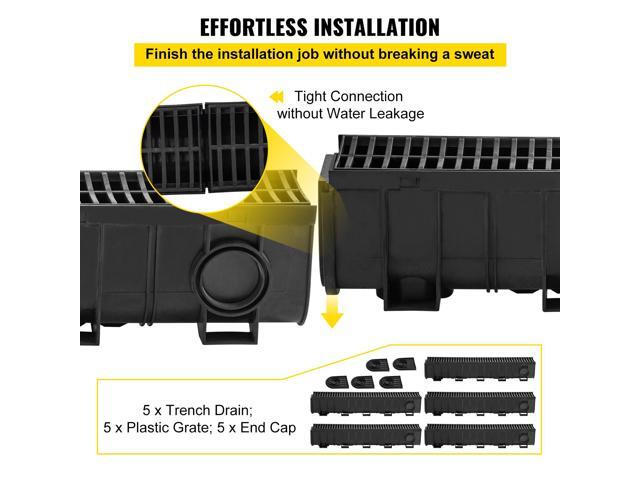 Trench Drain System, Channel Drain with Plastic Grate, 5.9x7.5-Inch HDPE Drainage Trench, Black Plastic Garage Floor Drain, 5x39 Trench Drain...