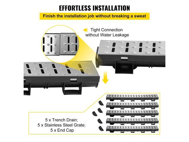 Trench Drain System, Channel Drain with Metal Grate, 5.7x3.1-Inch HDPE Drainage Trench, Black Plastic Garage Floor Drain, 5x39 Trench Drain Grate,...