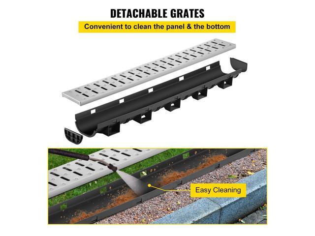 Trench Drain System, Channel Drain with Metal Grate, 5.7x3.1-Inch HDPE Drainage Trench, Black Plastic Garage Floor Drain, 5x39 Trench Drain Grate,...