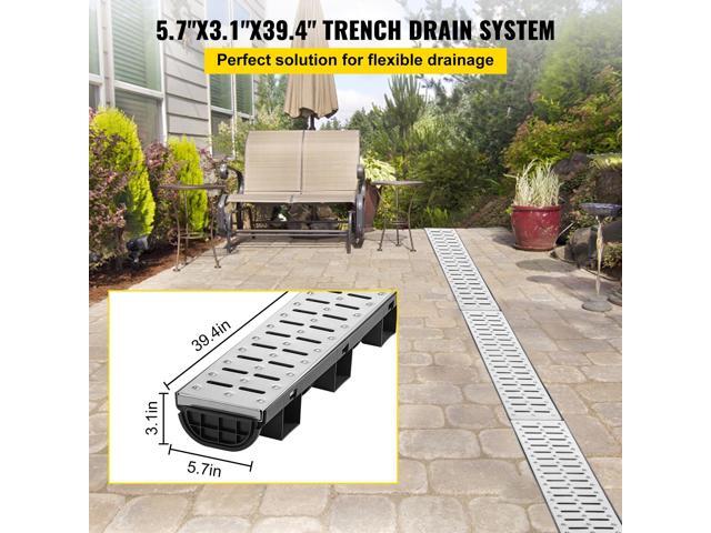 Trench Drain System, Channel Drain with Metal Grate, 5.7x3.1-Inch HDPE Drainage Trench, Black Plastic Garage Floor Drain, 5x39 Trench Drain Grate,...