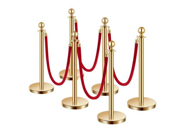 Stanchions and Velvet Ropes 6Pcs, Hollow Base with Stainless Steel Post, 4 Red Velvet Ropes and Posts, Crowd Control Barriers Gold Stanchions, Red...