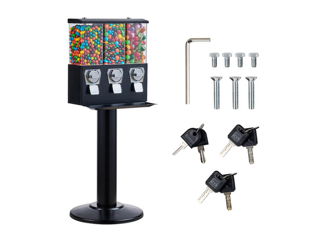 Commercial Vending Machine, Triple Compartment Candy Dispenser with Iron Stand, Gumball and Candy Machine for Business, Coin Operated Gumball Bank...