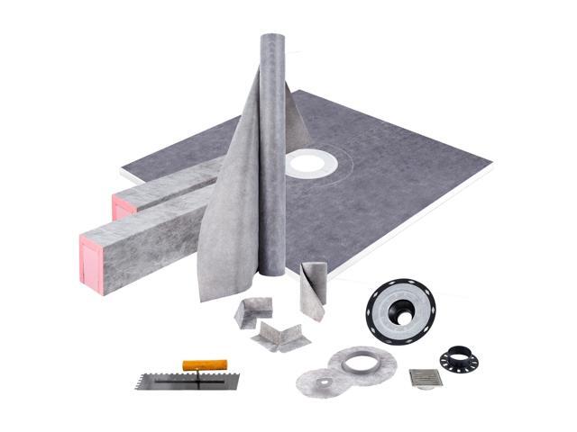 Shower Curb Kit, 48/'x48/' Watertight Shower Curb Overlay with 4/' ABS Central Bonding Flange, 4/' Stainless Steel Grate, 2 Cuttable Shower Curb...