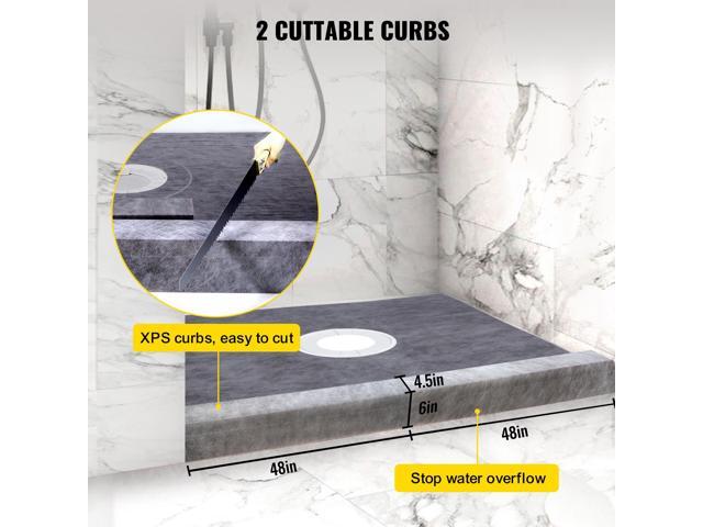 Shower Curb Kit, 48/'x48/' Watertight Shower Curb Overlay with 4/' PVC Central Bonding Flange, 4/' Stainless Steel Grate, 2 Cuttable Shower Curb...
