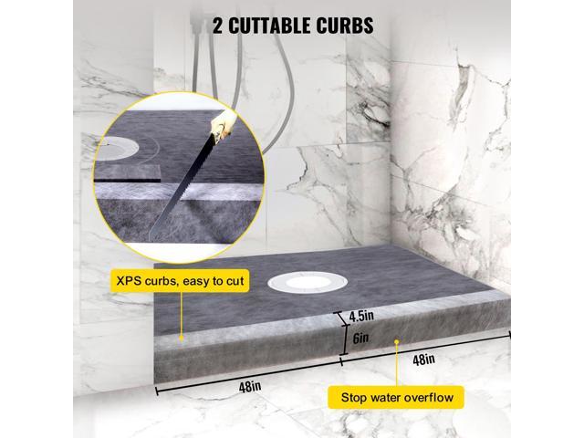Shower Curb Kit, 48/'x72/' Watertight Shower Curb Overlay with 4/' ABS Central Bonding Flange, 4/' Stainless Steel Grate, 2 Cuttable Shower Curb...