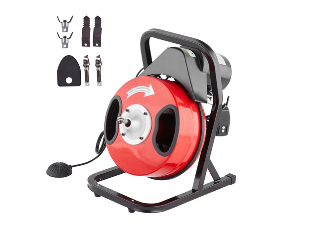 Drain Cleaner Machine 50FT x 1/2 Inch, Manual Feed Sewer Snake Auger - with 4 Cutters & Air-activated Foot Switch for 2' to 4' Pipes