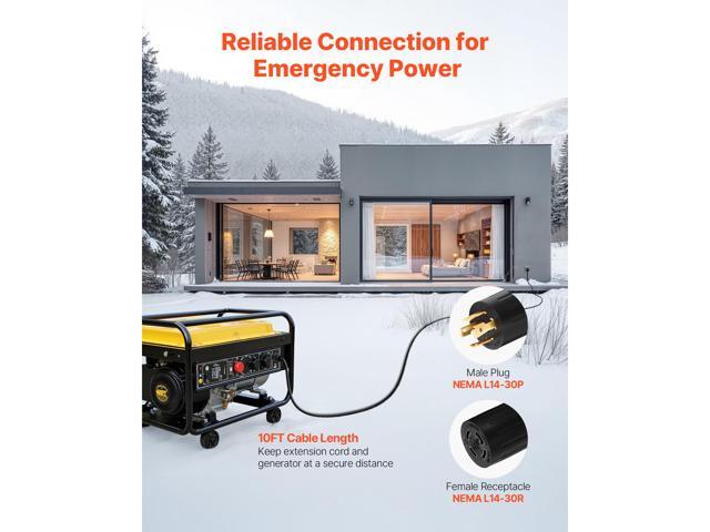 VEVOR 30 Amp Generator Cord and Power Inlet Box, 10 FT, 125/250V NEMA L14-30P to L14-30R Heavy Duty Extension Power Cord, SJTW 10 Gauge 7500W,...
