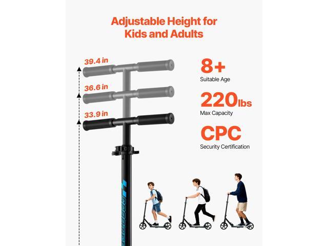 VEVOR Kick Scooter for Kids Ages 8+, Teens & Adults, 2-Wheel Toddler Scooter with Adjustable Height Handlebar, Wide Anti-Slip Deck, Foldable...