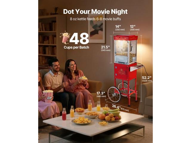 Popcorn Machine with Cart, 8oz Stainless Steel Kettle, 800W Commercial Popcorn Maker, 48 Cups per Batch Theater Style Popper, with 2-Button Control...