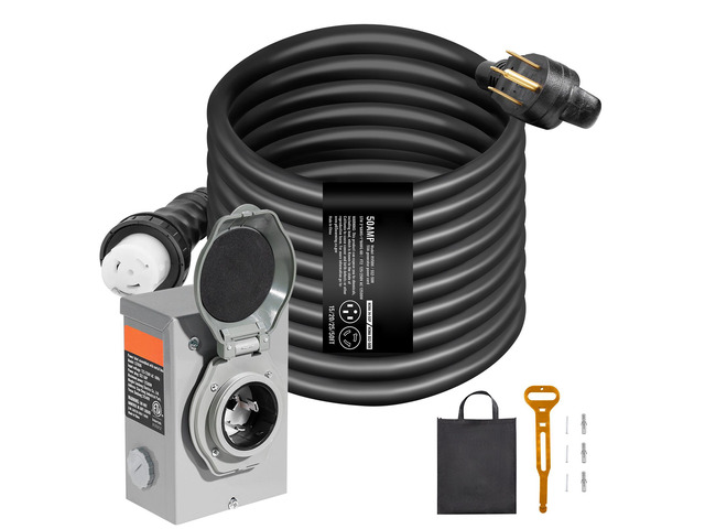 50 Amp Generator Cord and Power Inlet Box Kit, 50FT, NEMA 14-50P/SS2-50R STW 6/3+8/1 AWG Generator Power Cord with Twist Lock Connector,...