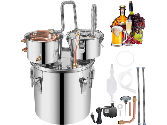 Alcohol Still, 5 Gallon, Stainless Steel Alcohol Distiller with Copper Tube & Build-in Thermometer & Water Pump, Double Thumper Keg Home Brewing...
