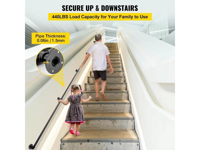 Pipe Stair Handrail, 13FT Staircase Handrail, 440LBS Load Capacity Carbon Steel Pipe Handrail, Industrial Pipe Handrail with Wall Mount Support,...