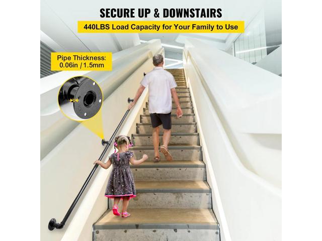 Pipe Stair Handrail, 10FT Staircase Handrail, 440LBS Load Capacity Carbon Steel Pipe Handrail, Industrial Pipe Handrail with Wall Mount Support,...