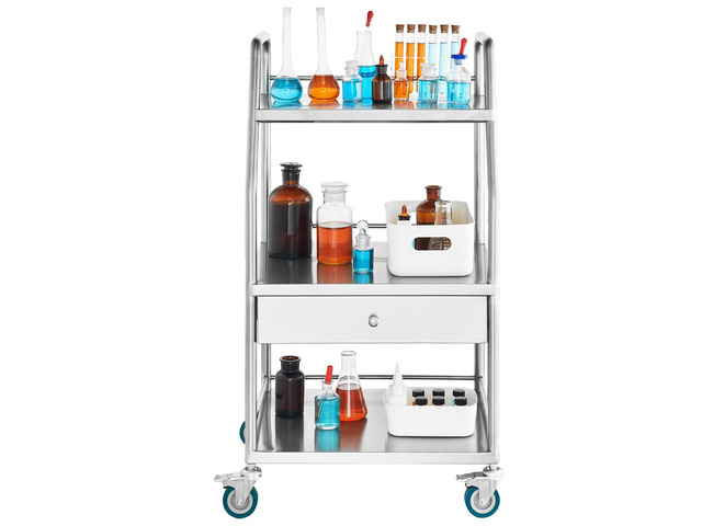 Lab Serving Cart, 3 Layers Stainless Steel Utility Rolling Cart, Medical Cart with A Drawer, Dental Utility Cart with Lockable Wheels, for...